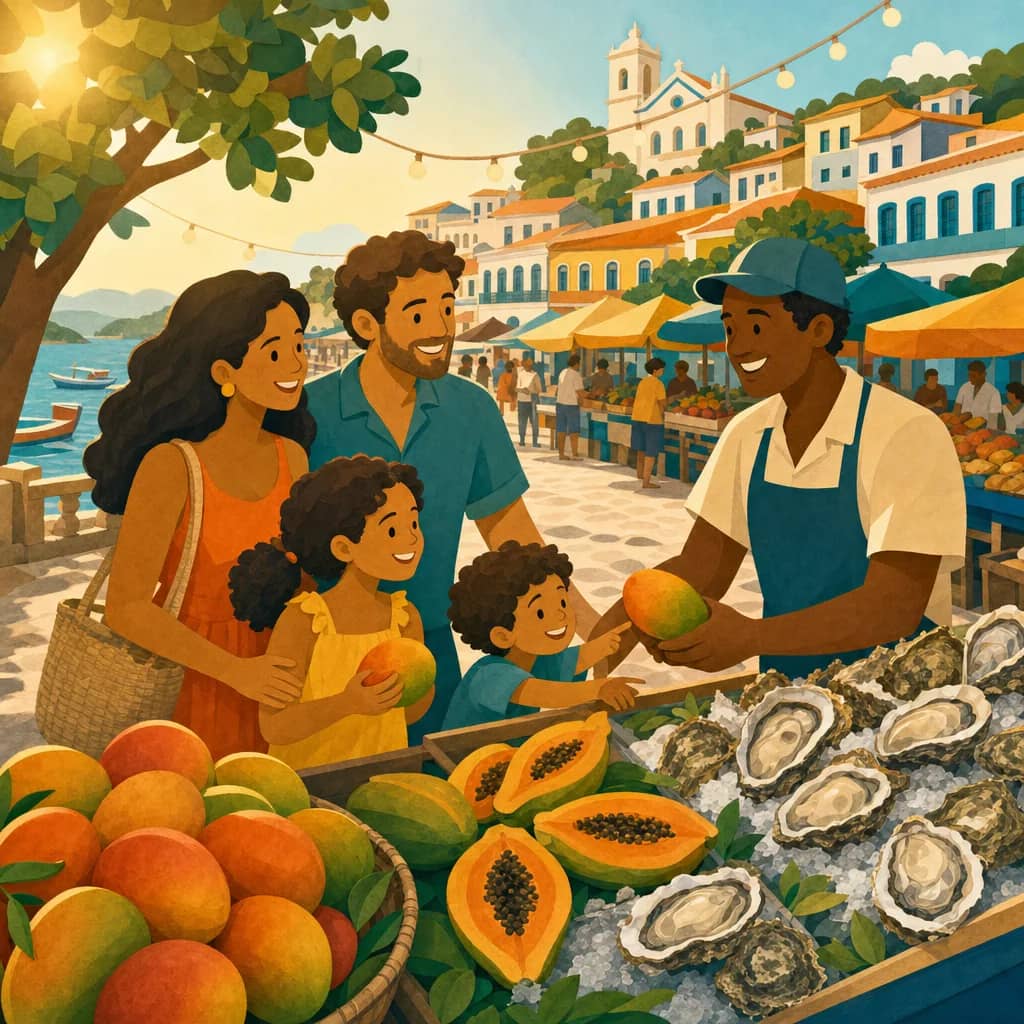 Illustration: locals and newcomer families at a beach picnic at sunset in Florianópolis